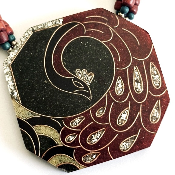 Exotic Peacock Pendant with Layered Wood Beads Necklace - Picture 2 of 8